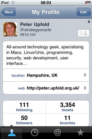 Tweetie 2 screenshot showing Profile page