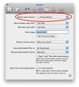 Safari Preferences for default browser, showing Choose Wisely