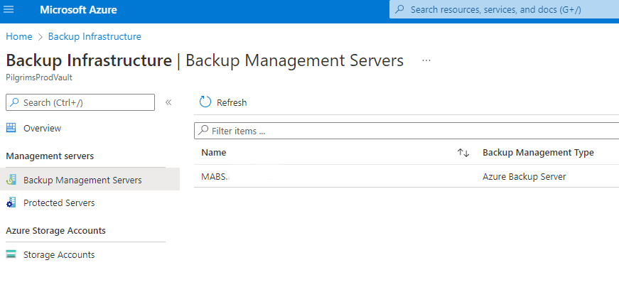 Azure Portal -- Backup Infrastructure, Backup Management Servers interface