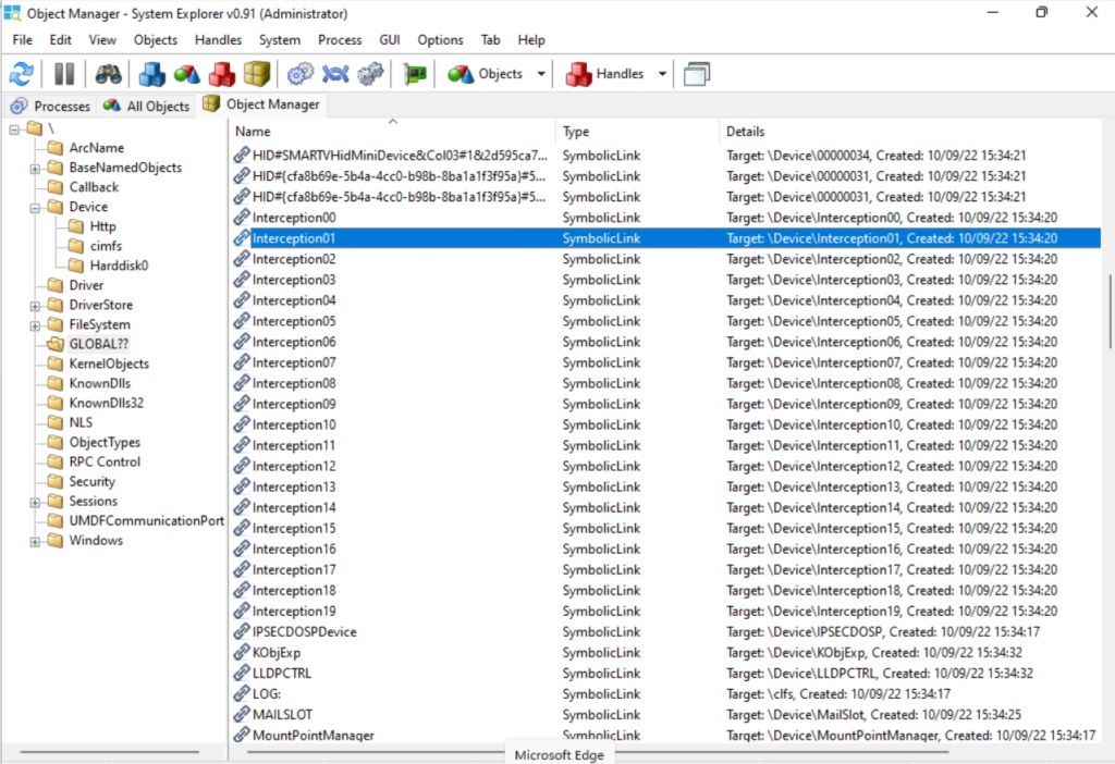 Interception00 - Interception19 driver objects in the tree of the Windows object hierarchy