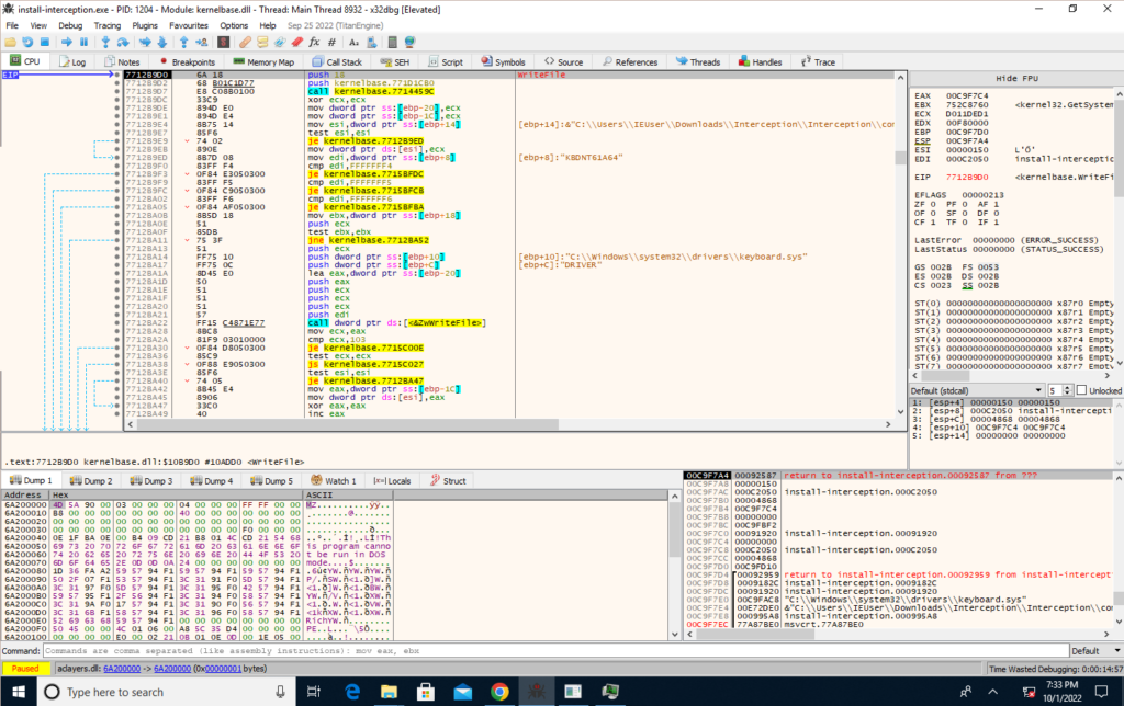 x32dbg hitting the WriteFile breakpoint. The ebp+10 pointer points at the path to write to -- C:\WINDOWS\system32\drivers\keyboard.sys