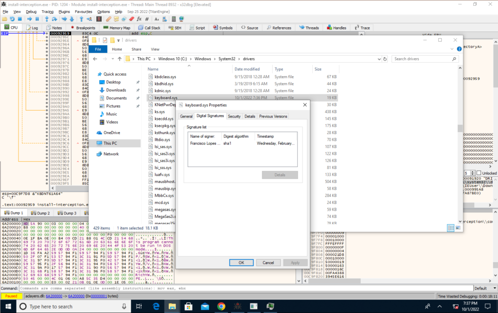 Code signing details for keyboard.sys -- Francisco Lopes