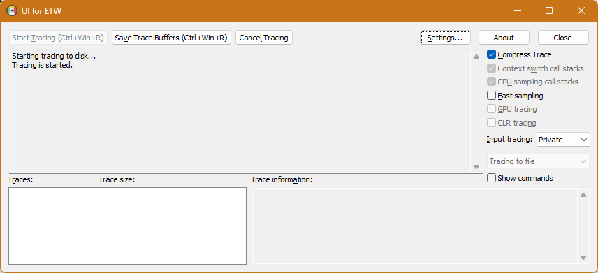 UI for ETW interface. We have clicked Start Tracing and we see "Starting tracing to disk" and "Tracing is started"