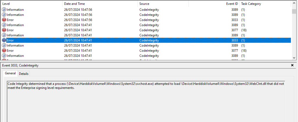 CodeIntegrity logs, showing that WebClnt.dll is blocked