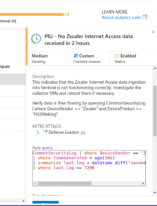 Screenshot of the "PIU - No Zscaler Internet Access data received in 2 hours" Sentinel rule in situ in the Azure Portal.