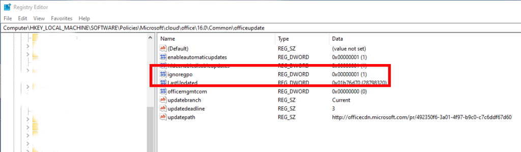 Windows Registry Editor, with ignoregpo = 0 highlighted, in the pathHKEY_LOCAL_MACHINE\SOFTWARE\Policies\Microsoft\cloud\office\16.0\Common\officeupdate