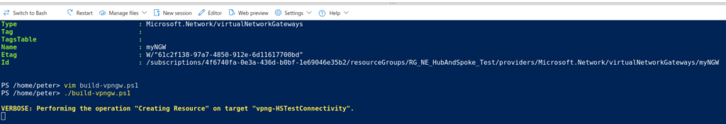 Azure cloud PowerShell, showing verbose progress "performing the operation Creating Resource"...