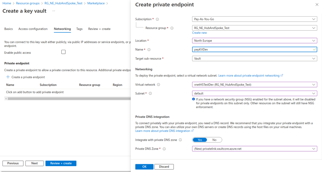 Key vault create private endpoint screen, showing that we are connecting the private endpoint to vnetHSTestDev