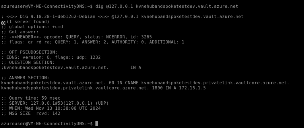 Using dig to resolve the Key Vault on the DNS server. We see the result of dig command -- an address of 172.16.1.5