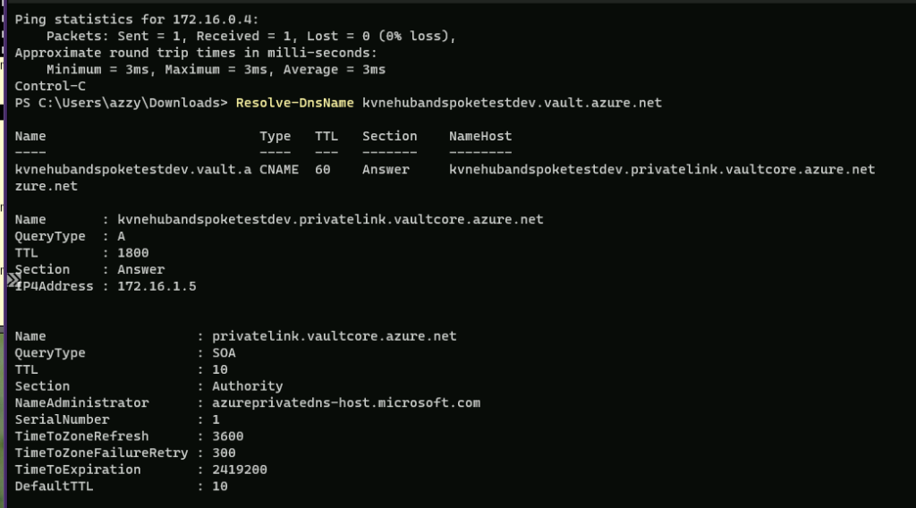 Reolsve-DnsName kvneuhubandspoketestdev.privatelink.vaultcore.azure.net resolves to 172.16.1.5