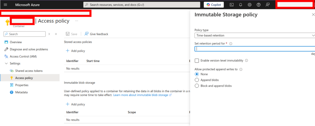 Microsoft Azure Portal -- the Access policy page for a blob container, showing the immutable blob storage options