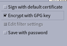 Snippet of save dialogue box showing ticked option "Encrypt with GPG key option" in LibreOffice