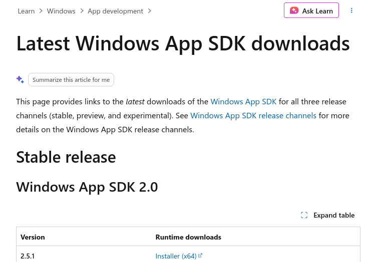 Latest Windows App SDK Downloads page